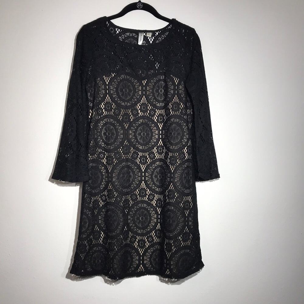 Tacera Black Lace Eyelet Dress Small Nude Lined Sheath Dress